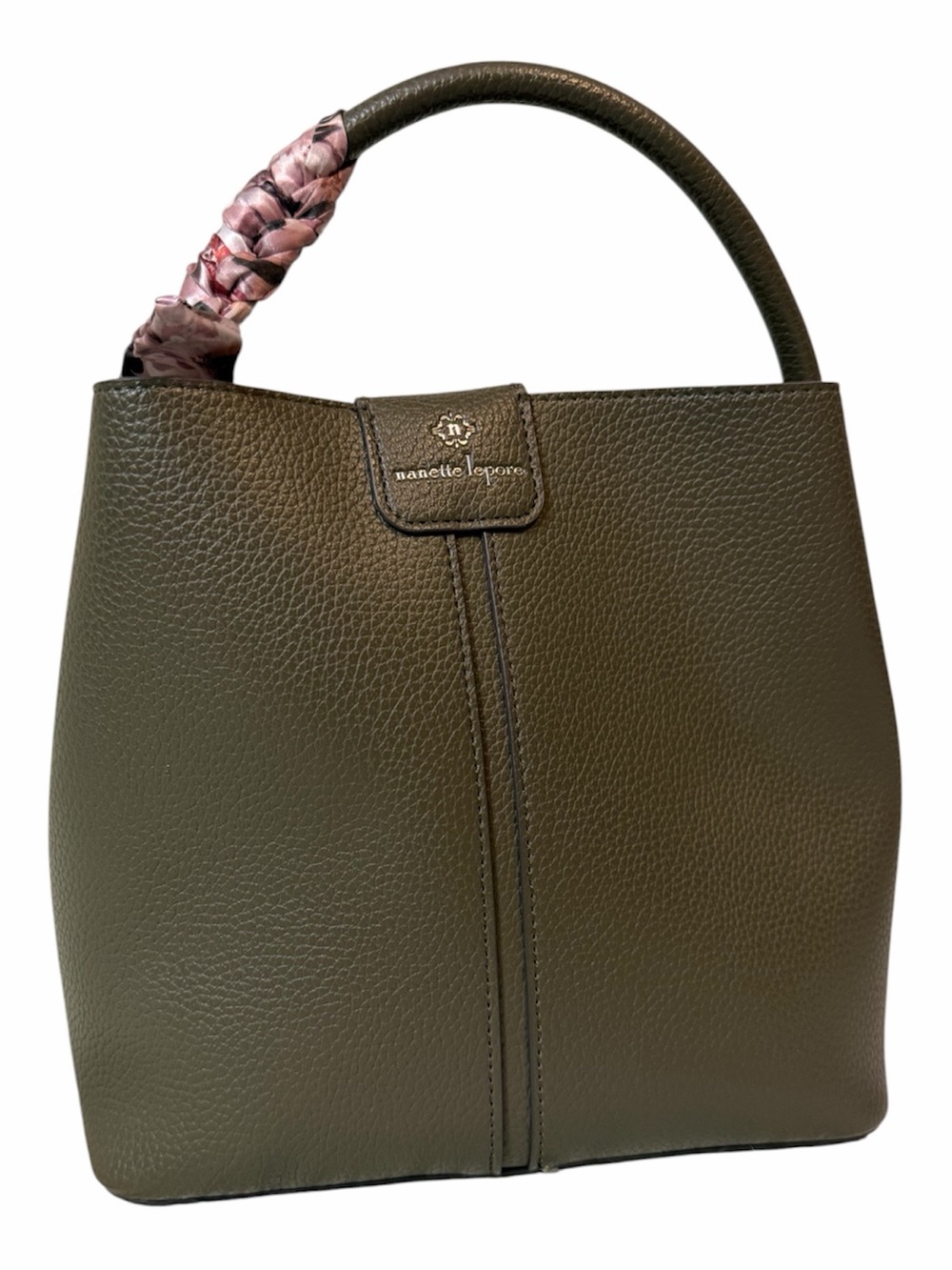 Nanette Lepore Olive Green Leather Shoulder Bag with Pink Scarf Accent